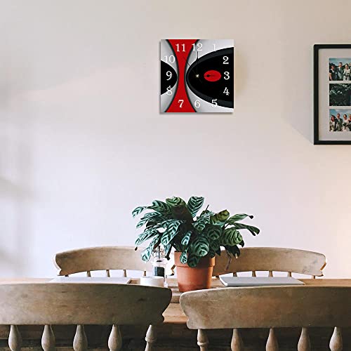 Eeiveun Red Black Grey Modern Irregular Abstract Wooden Wall Clock 12" Square Wall Clocks Battery Operated Silent Non Ticking Clock Kitchen Home Decor For Bathroom Bedrooms Office Living Laundry Room #TOP7