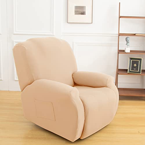 Stretch Recliner Chair Cover,4-Pieces Sofa Cover Slipcover Couch Covers,Armchair Cover Non-Slip Furniture Protector,Elastic Spandex Soft Recliner Chair Protector with Side Pocket(1 Seater Cream)