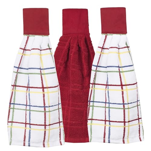 Image of Ritz Premium 100% Cotton Solid & Multi Check Kitchen Tie Towel Absorbent, Super Soft, Fast Drying Hang Towel, 3-Pack, Paprika Red
