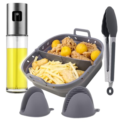 Air Fryer Accessories Set – Silicone Basket with Divider, Oil Sprayer, Kitchen Tongs & Heat-Resistant Gloves – Reusable, Non-Stick & Easy to Clean for Healthy Cooking