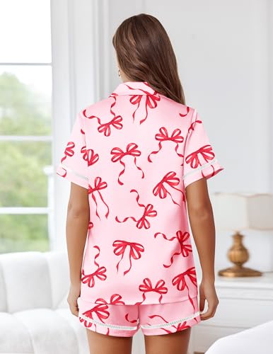 Image of Ekouaer Womens Silk Pajama Sets Button Up Satin Pjs Short Sleeve 2 Piece Pj Sets Cute Lounge Sets with Chest Pocket