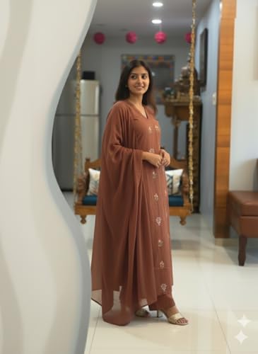 Image of ANNI Designer Women's Rayon Viscose Straight Kurta Set with Pant and Dupatta | Stylish Long Kurti Dress for Festive, Party, and Ethnic Wear