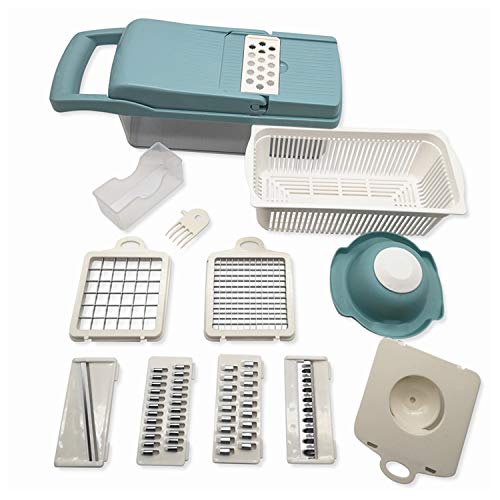 Meiyijia Multiusos Cortador de Verduras 13 en 1 Mandolina de Cocina, 7 Cuchillas afiladas de Acero Inoxidable Intercambiables, Separador de Claras de Huevo para Cortar Frutas Verduras,Azul