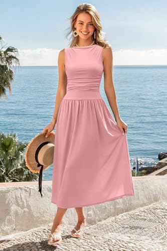 Image of Womens Summer Casual Midi Maxi Dress 2026 Sleeveless Ruched A Line Flowy Cocktail Wedding Guest Beach Long Sundress