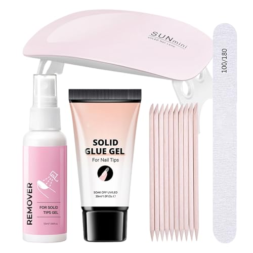 Pegamento para Uñas y Quitaesmalte para Uñas Postizas, Kit De Curado Para Puntas Acrílicas, Pegamento y Quitaesmalte con Luz UV para Viajes Fiestas Halloween Salón en Casa Mujeres Escuela Trabajo