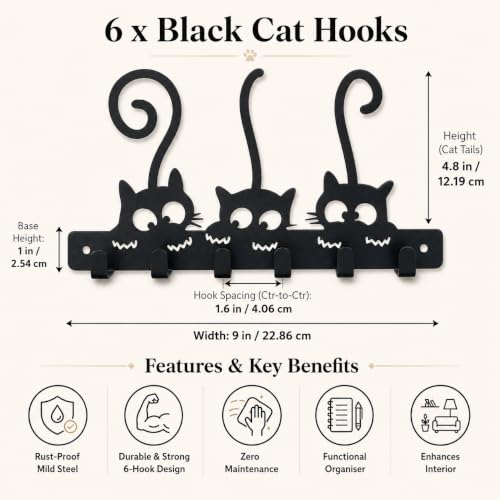 Image of Key Holder for Home, Metal Wall Mounted, 6 Hooks (Kitty Pow) | Cat Design, Includes Mounting Screws, For Home Use, 6 Hook Hanger, Metal Construction