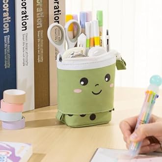 ANGOOBABY Standing Pencil Case Cute Telescopic Pen Holder Kawaii Stationery Pouch Makeup Cosmetics Bag for School Students Office Women Teens Girls Boys Christmas Gift (Green)