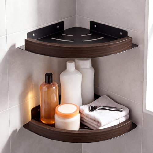 Novabright 2 Pcs Corner Shower Shelf Walnut Wood Bathroom Wall Mounted Self Adhesive Corner Shower Caddy No Drill Metal Rustproof Triangular Shelf Organizer for Home Bathroom