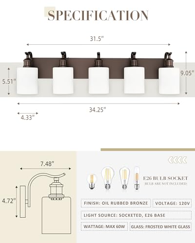 Image of 5 Light Bathroom Vanity Light, Morden Vanity Lighting Fixtures Over Mirror Oil Rubbed Bronze Bathroom Wall Sconce with Milky White Frosted Shade ZCVL01ORBW-5