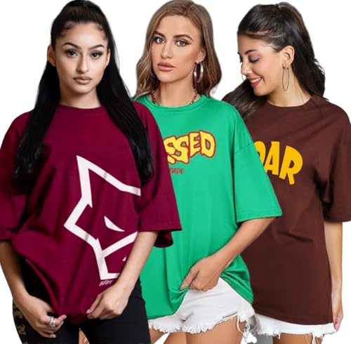 Image of LEOTUDE Oversized Cotton Blend Printed Women's T-Shirts Combo (Pack of 3)