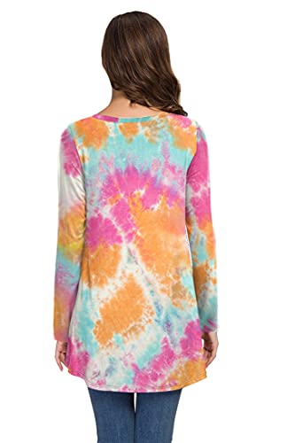 Awuliffan Women's Casual Long Sleeve Round Neck Loose Tunic T Shirt Blouse Tops (Tie Dye Colorful Orange,Large) #TOP2
