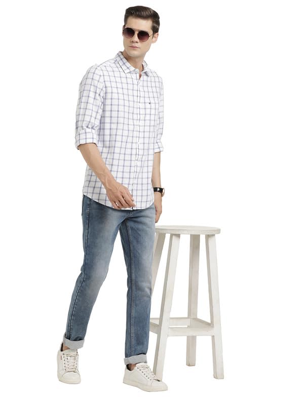 Image of Turtle Men 100% Cotton Slim Fit White Check Casual Shirt