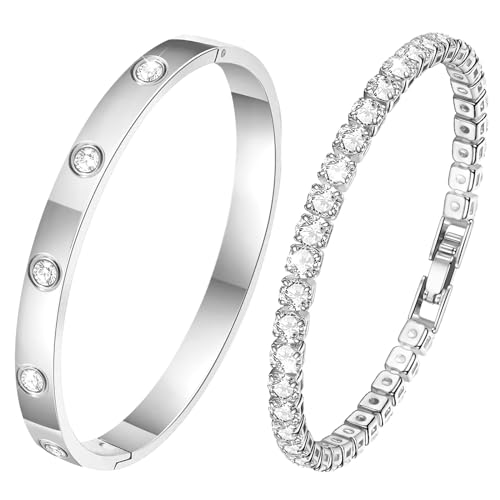 Ahokei Silber Armreif Silber Armband Damen Schmuck, 2PC Titan-Stahl...