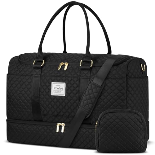 Travel Duffle Bag, Weekender Bags for Women with Shoe Compartment, Overnight Bag with Toiletry Bag, Carry On Duffel Bags For Airplanes, Yoga Gym Duffel Bag, Black