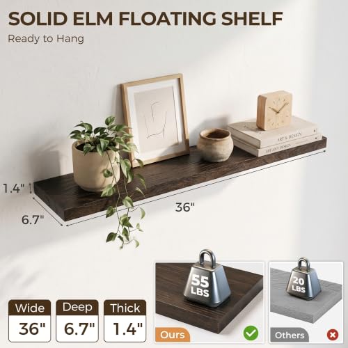 Image of Elm Floating Shelves for Wall - 36 in Rustic Solid Wood Shelves with Heavy-Duty Invisible Bracket, Wall-Mounted Wooden Shelf for Living Room, Bathroom, Kitchen Storage & Display, Set of 2, Walnut