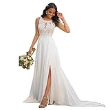 Nanger Damen Hochzeitskleider Standesamt Lang mit Schlitz Spitze Chiffon Brautkleider Strand Elfenbein 38