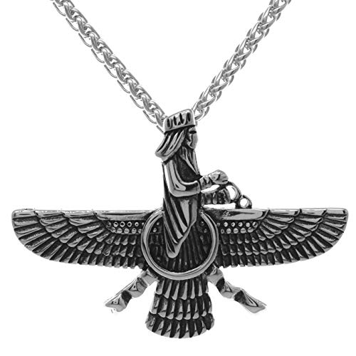 Asoodehdelan Large Farvahar Necklace Persian Art Farohar Zoroastrian Faravahar Chain Necklace (Silver Plated, 18)