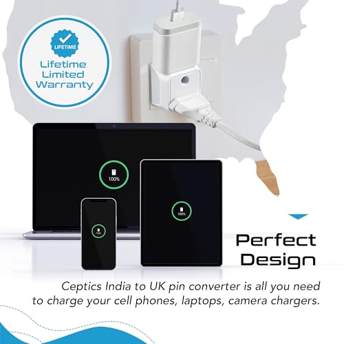 Image of Ceptics UK Adapters for Indian Pins, Type G Plug Adapter with Dual Inputs, India to UAE Adapter, Ireland Plug - 2 in 1 UK Adapter for Laptops, Phones, Chargers - CE - RoHS, 3 Pack
