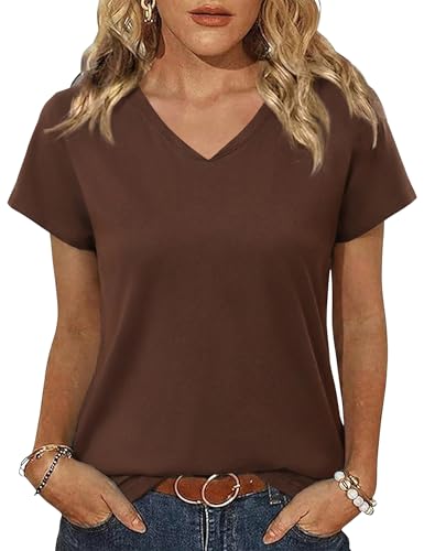 Jahetuul Haut Femme Décontracté Col V T-Shirt Uni à Manches Tombantes avec Ourlet Arrondi Idéal pour Bureau et Quotidien