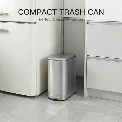 Image of GarveeHome 3.2 Gal Slim Trash Can, Step Garbage Can with Soft-Close Lid, Stainless Steel Recycling Bin Waste Container with Removable Inner Bucket for Kitchen, Bathroom, Office, Silver