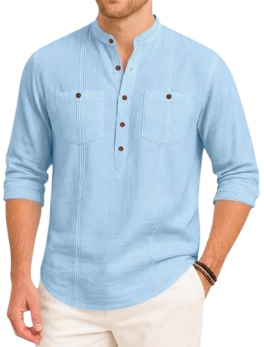 Image of ROYALSCOUT Men's Cotton Polyester Blend Kurta Style Shirt with Mandarin Collar, Half Button Placket, Dual Chest Pockets, Long Sleeve Casual Ethnic Fusion Wear for Office, Festive and Daily Use