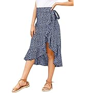 LYANER Women's Boho Floral Print Wrap Front Self Tie Knot Ruffle Hem Split Midi Skirt