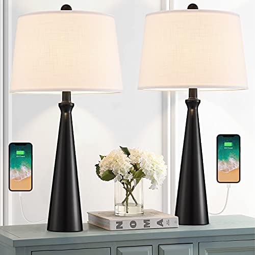 Oneach 25.8” Modern Table Lamps with USB Port Set of 2 Accent Gold Nightstand Lamp for Living Room Bedroom Office Black