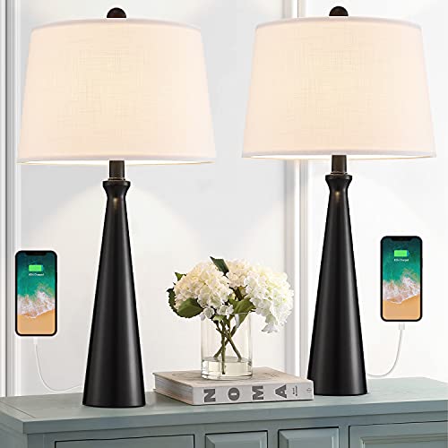 Oneach 25.8” Modern Table Lamps With Usb Port Set Of 2 Accent Gold Nightstand Lamp For Living Room Bedroom Office Black #TOP14
