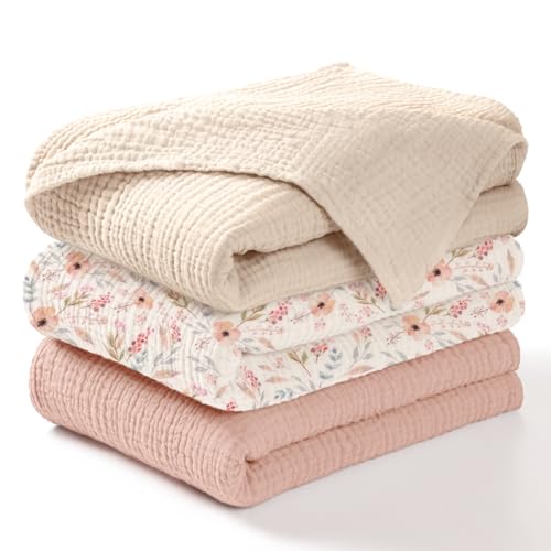 Image of lulumoon Muslin Swaddle Blankets for Baby: Lightweight & Breathable Receiving Blankets for Hospital - Neutral Registry Gift for Newborn 3pack (WhitePinkFlower)