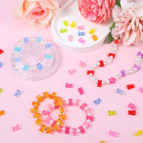 Ptwola 200 Stück Acryl Bären Süßigkeiten Bunte Gummi Bärchen Charm Süße Bären-Loseperlen für Handwerk DIY-Armbänder Halsketten Broschen Ohrringe Tonbasteln Deko-Schmuckset Herstellung Zubehör