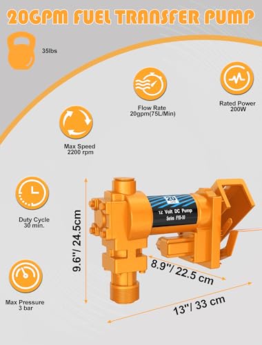 Handor 12V 20 GPM Fuel Transfer Pump with Discharge Hose & Manual Nozzle for Oil Fuel Diesel Biodiesel Ethanol Methanol Blends Kerosene Gasoline,(yellow)