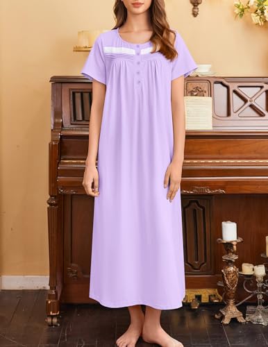 Image of Ekouaer Nightgown for Women Cotton Long Night Gown Short Sleeve Nightdress with Pockets Button Sleepshirt Soft Sleepwear