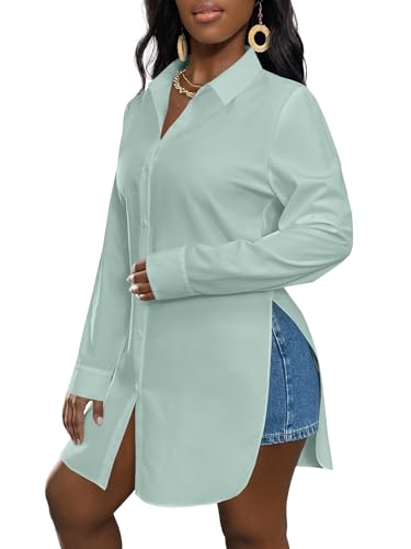 Image of LYANER Women's Collar Neck Long Sleeve Button Down Shirts Sexy Split Hem Tops Long Blouse Shirt Dress