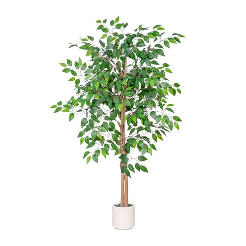 5FT Artificial Ficus Tree with White Planter, Realistic Faux Silk Indoor Outdoor Plant for Home Office Living Room, Porch, Garden Decor
