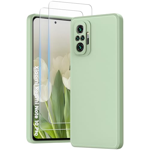 PuyaTeya 3 in 1 Hülle für Xiaomi Redmi Note 10 Pro mit 2 Stück 9H Panzerglas Premium Liquid Silikon Hülle mit 4-Layer stoßfeste abriebfestes Soft Mikrofaserfutter(hellgrün)