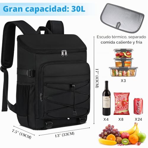 Miniatura 3 de Nubily Mochila Nevera 30l Impermeable Bolsa Termica De Refrigeración Porta Alimentos Mochila Nevera Isotermica Bolsa De Picnic Grande Fiambrera Camping Barbacoa Comidas Trekking Negro