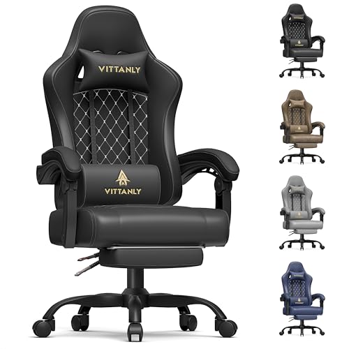 Vittanly Gaming Stuhl mit Frühling Kissen, Ergonomischer Gaming Chair Gamer Stuhl mit Kopfstütze, Lendenkissen und Fußstütze, Höhenverstellbarer Drehbarer Gaming Sessel Bürostuhl 150 kg, Schwarz