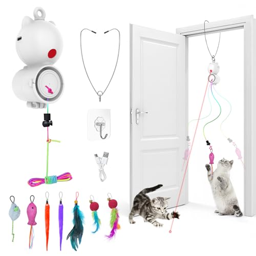 Tyasoleil 2 in 1 Interactive Cat Toy, Hanging Cat Toy, Smart Cat Toy with Laser and Hook, USB Rechargeable Cat Toy, With 7 Replaceable Accessories, Cat Indoor Entertainment, Relieve Boredom