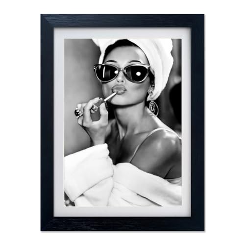 Audrey Hepburn Lips Wall Art Black and White Bathroom Print Trendy Framed Vintage Wall Decor Old Hollywood Fashion Woman Bedroom Painting Apartment Girly Dorm Room Decor