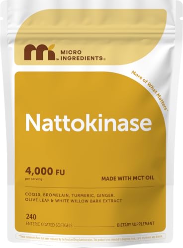 Micro Ingredients Nattokinase 240 Softgels 200mg (4 000 FU) Per Serving | 7-in-1 Nattokinase Supplement with CoQ10 Bromelain Turmeric Ginger Olive Leaf & White Willow Bark | Non-GMO