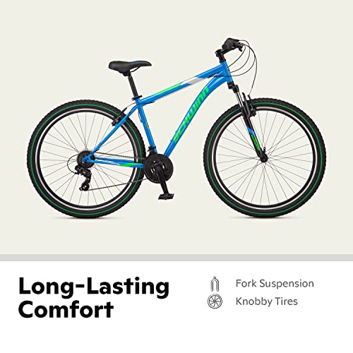 Image of Schwinn High Timber Mountain Bike for Adult Men Women, 29-Inch Wheels, 21-Speeds, Front Suspension, Steel Frame and Alloy Linear Pull Brakes, Blue /Green