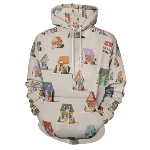 Pull Imprimé en 3D Illustration Petite Maison Style Harajuku avec Poches Confort