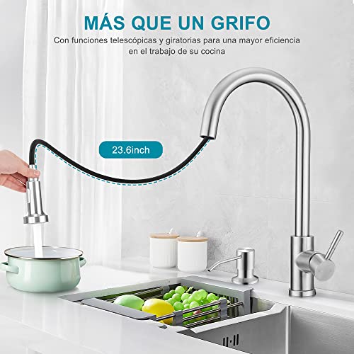 Grifos-Cocina-Fregadero-Rotacion-de-360-Extraible-60-cm-Grifo-Cocina-2-Modos-de-Rociado-2-Controles-de-Temperatura-Del-Agua-con-Dispensador-de-Jabon-Plata