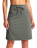 SANTINY Women's 20'' Knee Length Skorts Skirts 6 Pockets High Waisted Drawstring Long Athletic Tennis Golf Skirt Women(Grey Sage_M)