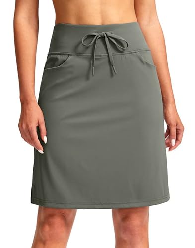 SANTINY Women's 20'' Knee Length Skorts Skirts 6 Pockets High Waisted Drawstring Long Athletic Tennis Golf Skirt Women(Grey Sage_M)