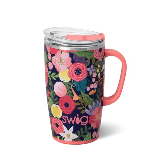 Swig Life 18oz Travel Mug, Insulated Tumbler with Handle and Lid, Travel Coffee Mug, Cup Holder Friendly, Stainless Steel 18 oz Tumbler, Reusable Insulated with Lid (Secret Garden)