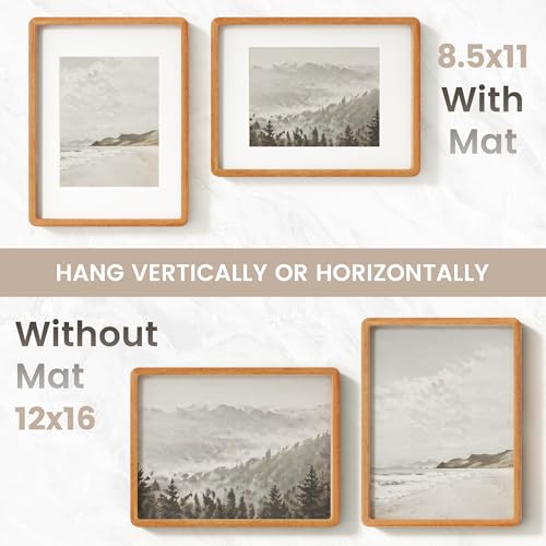 Image of 12x16 Picture Frame, USA-Sourced Natural Teak Wood Photo Collage Frame with HD Tempered Glass, Modern Simple 12 x 16 Wooden Frame Matted to 8.5x11, Vertical & Horizontal Wall Hanging Display
