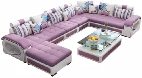 Image of Torque Silvester 12 Seater Sofa Set for Living Room (Purple) | Interchangeable U Shape Sectional Sofa | Solid Wood Frame & High-Density Supersoft Foam | Includes Puffy & Stool | Modern Home Furniture