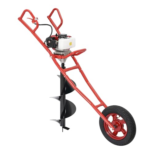 Brride Erdbohrer Benzin, 63CC 2-Takt Erdlochbohrer mit Handwagen, Bodenbohrer mit Ø 300mm, Schubkarren Erdbohrgerät Pfahlbohrer für Grubengräber Landwirtschaft Forstwirtschaft (Rot)