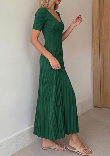 Image of PRETTYGARDEN Women's 2026 Spring Midi Sweater Dresses Elegant Pleated Ribbed Knit Short Sleeve V Neck A Line Summer Outfits